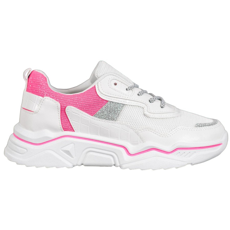 SHELOVET Sneakersy Na Platformie Z Brokatem białe różowe