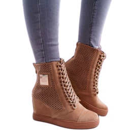 LU BOO Camel obuwie ażurowe sneakersy damskie B-3EA brązowe