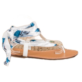 SHELOVET Wiązane Sandałki Z Ananasem białe wielokolorowe