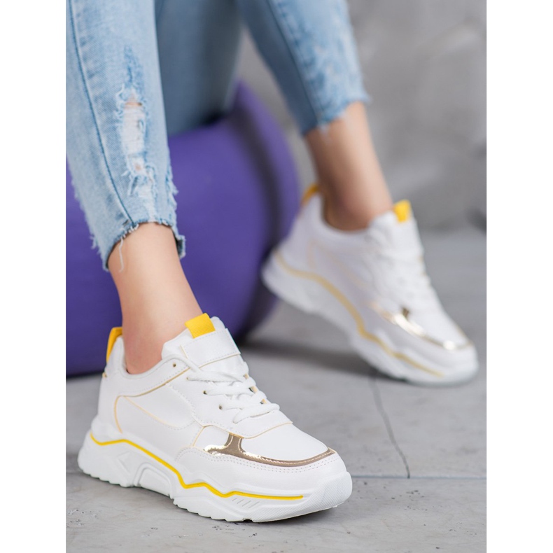 Ideal Shoes Białe Sneakersy Z Eko Skóry żółte
