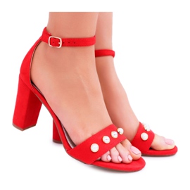 S.Barski Damskie Sandały Na Słupku Z Perełkami Czerwone Renes