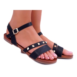 S.Barski Sandały Damskie Płaskie Złote Ćwieki Czarne Raven