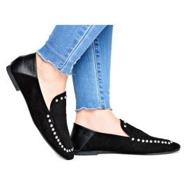 Lu Boo Damskie Czarne Lordsy Baleriny z Dżetami Planta