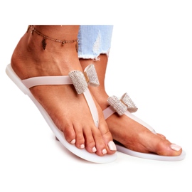 LU BOO Białe Damskie Klapki Japonki Meliski z Kokardką Cekiny Morello