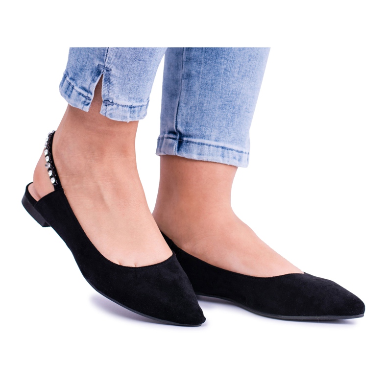 Lu Boo Czarne Zamszowe Balerinki w Szpic Cyrkonie Macron