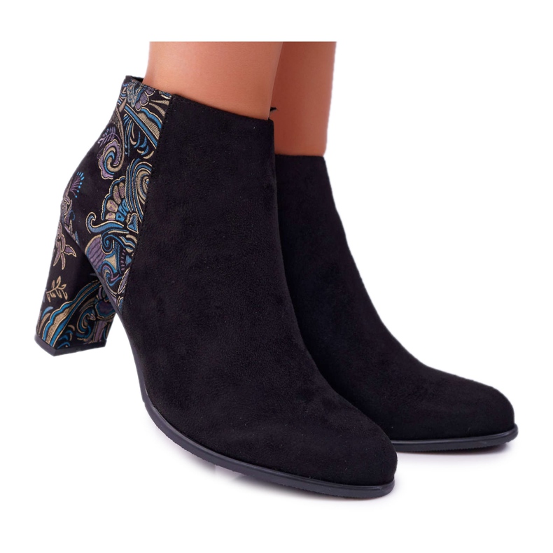 Sergio Leone Czarne Botki Na Słupku Kwiaty Folk Eros