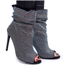 Botki Damskie Na Szpilce Lu Boo Cyrkonie Czarne Bandes