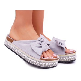 Klapki Damskie Z Kokardami Gruba Podeszwa Szare Milady