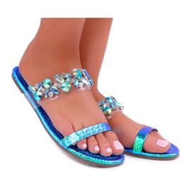 Damskie Klapki Lu Boo Eleganckie Z Cyrkoniami Niebieskie Elementary