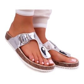 SEA Klapki Damskie Japonki Na Korku Lakierowane Srebrne Palette szare