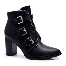 FJ1 Botki Damskie Na Słupku Klamry Czarne Finbas