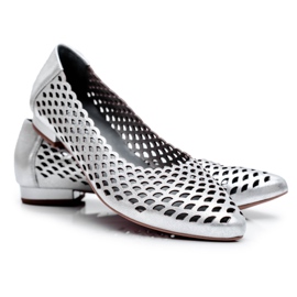 Baleriny Damskie Srebrne Skórzane Exquisite 1107/1 szare