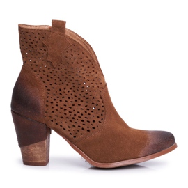 Botki Damskie Na Słupku Skórzane Welurowe Kowbojki Exquisite Brązowe 1170