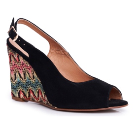 Sandały Damskie Na Koturnie Laura Messi Skórzane Czarne 1964