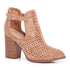 Botki Damskie Na Słupku Zamszowe Ażurowe Camel Morrena brązowe