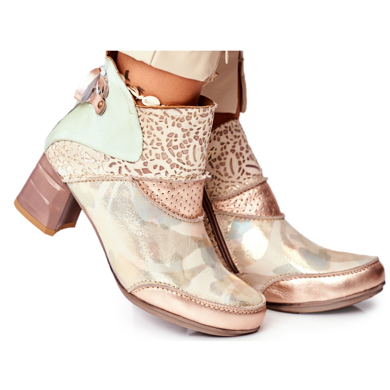 Botki Damskie Na Słupku Maciejka Beżowe 03410-04 brązowe zielone