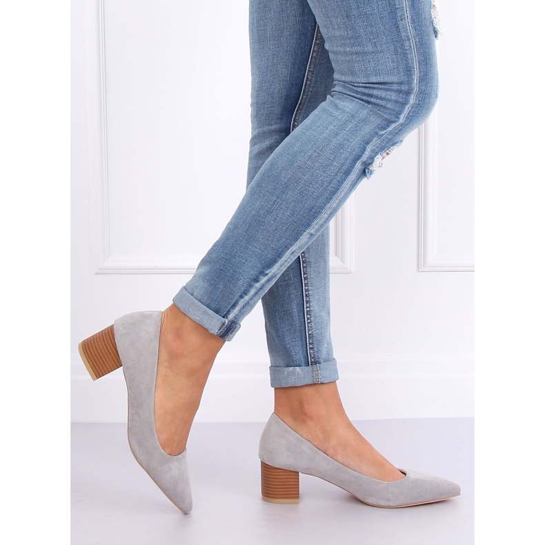 Czółenka na drewnianym obcasie szare CL75P Grey