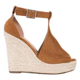 SHELOVET Ażurowe Sandały Na Koturnie brązowe