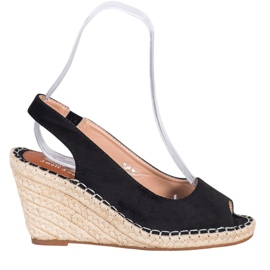 Small Swan Czarne Sandały Na Wysokiej Koturnie