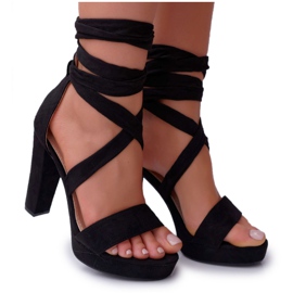 SEA Sandały Damskie Na Słupku Wiązane Czarne Milla