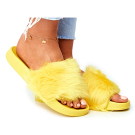 Damskie Klapki Z Futerkiem Żółte Fur