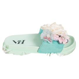 SHELOVET Zamszowe Klapki Z Kwiatami zielone