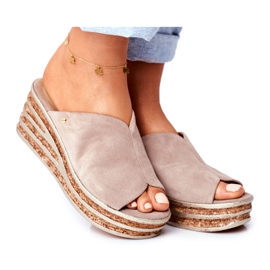 Klapki Damskie Skórzane Na Koturnie Nicole 2559 Lemonade beżowy