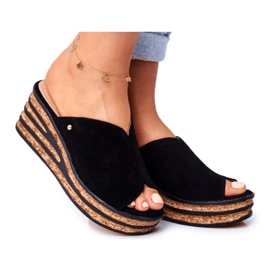 Klapki Damskie Skórzane Na Koturnie Nicole 2559 Czarne Lemonade