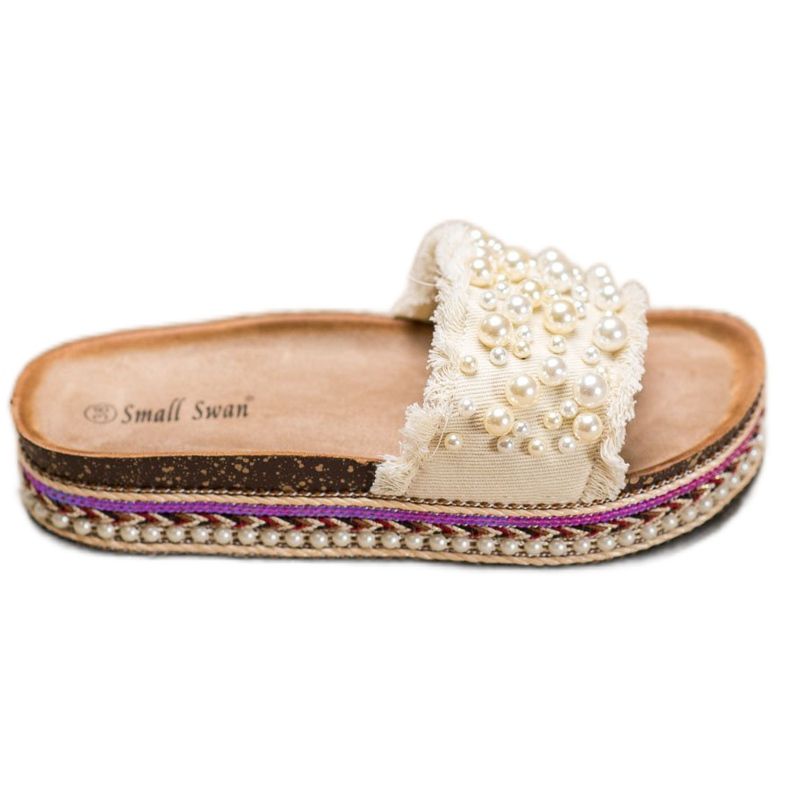 Small Swan Klapki Na Platformie Z Perłami beżowy
