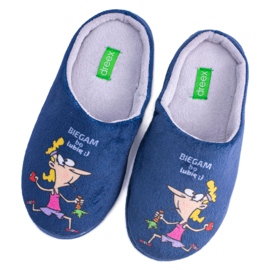 Dreex Pluszowe Damskie Granatowe Papcie Biegam Bo Lubię niebieskie szare