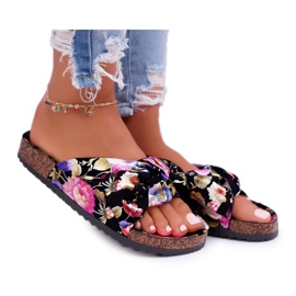 SEA Damskie Czarne Klapki Na Korku Kwiaty Kokarda Wendy wielokolorowe