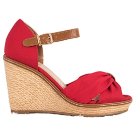 SHELOVET Sandałki Na Wysokiej Koturnie czerwone