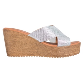 Renda Srebrne Klapki Na Koturnie szare