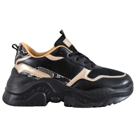 SHELOVET Czarne Sneakersy Ze Złotymi Wstawkami żółte