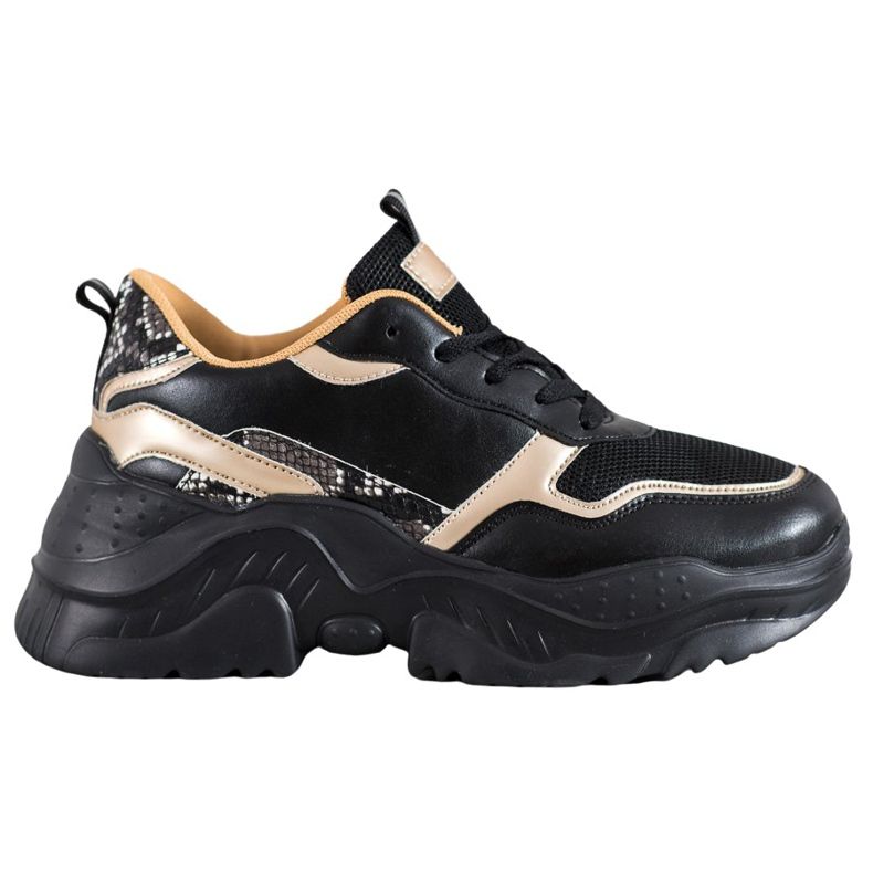 SHELOVET Czarne Sneakersy Ze Złotymi Wstawkami żółte