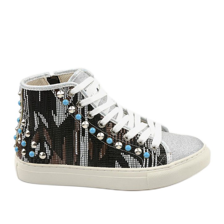Srebrne wysokie trampki bogato zdobione D17-27027 srebrny szare wielokolorowe