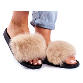 Klapki Damskie z Naturalnym Futerkiem Beżowe Bushido beżowy