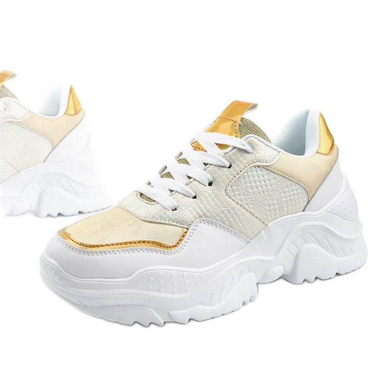 Białe sneakersy sportowe z złotymi wstawkami AB679
