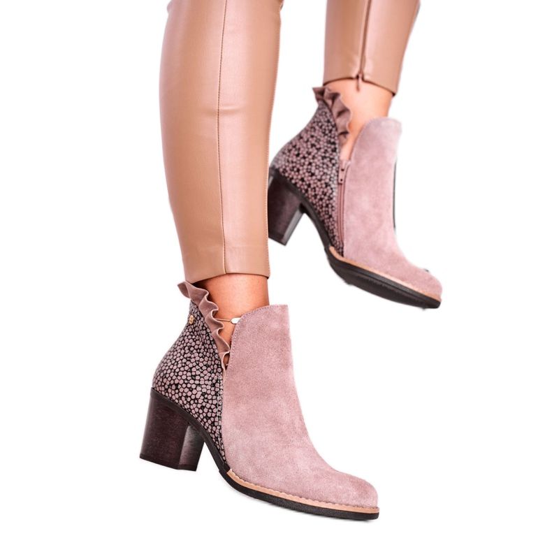 Botki Damskie Na Słupku Skórzane Wiosenne Maciejka Beżowe 04833-04 beżowy