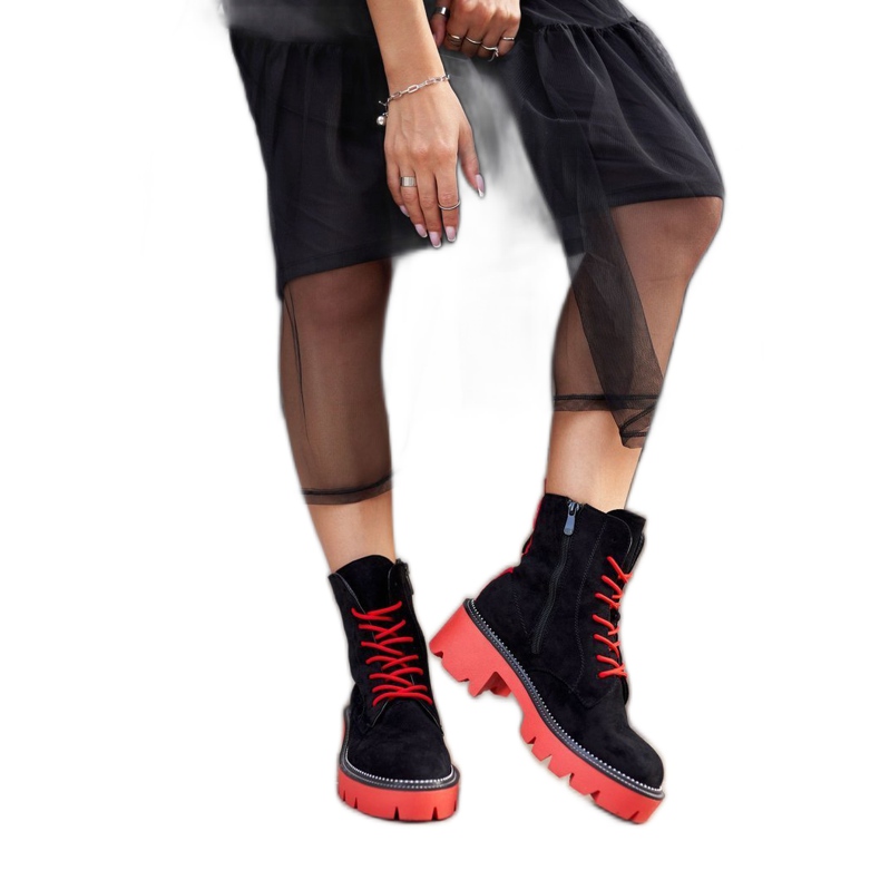 PS1 Botki Damskie Trapery Czarne Czerwone Zamszowe Malawi