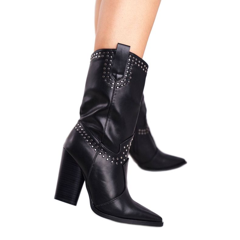 PS1 Botki Damskie Na Słupku Ciepłe Kowbojki Czarne Athens