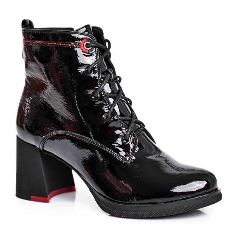 S.Barski Damskie Botki Na Słupku Lakierowane Czarne Do It Better