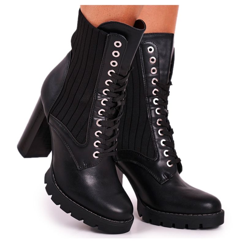 FE1 Damskie Botki Na Słupku Wysokie Czarne Erdogan