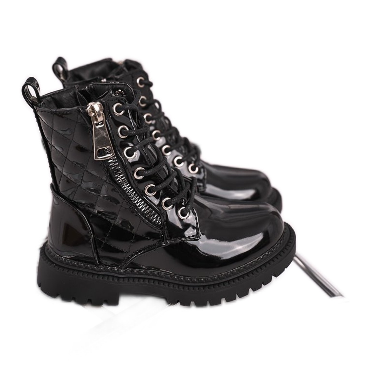 FRROCK Dziecięce Botki Ocieplone Futerkiem Lakierowane Czarne Say You