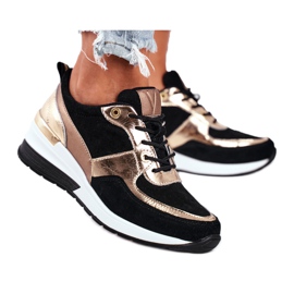 Vinceza Damskie sportowe buty sneakersy skórzane czarno złote 21-7777 czarne
