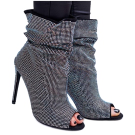 Botki Damskie Na Szpilce Lu Boo Cyrkonie Czarne Bandes srebrny