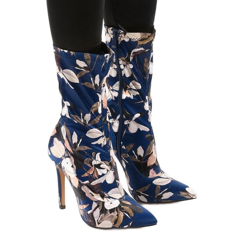 Granatowe botki na szpilce ze skarpetą Santana wielokolorowe