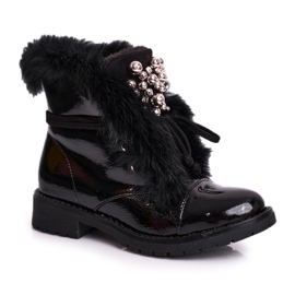 MSMG Dziecięce Botki Ocieplane Lakierowane Czarne Ella