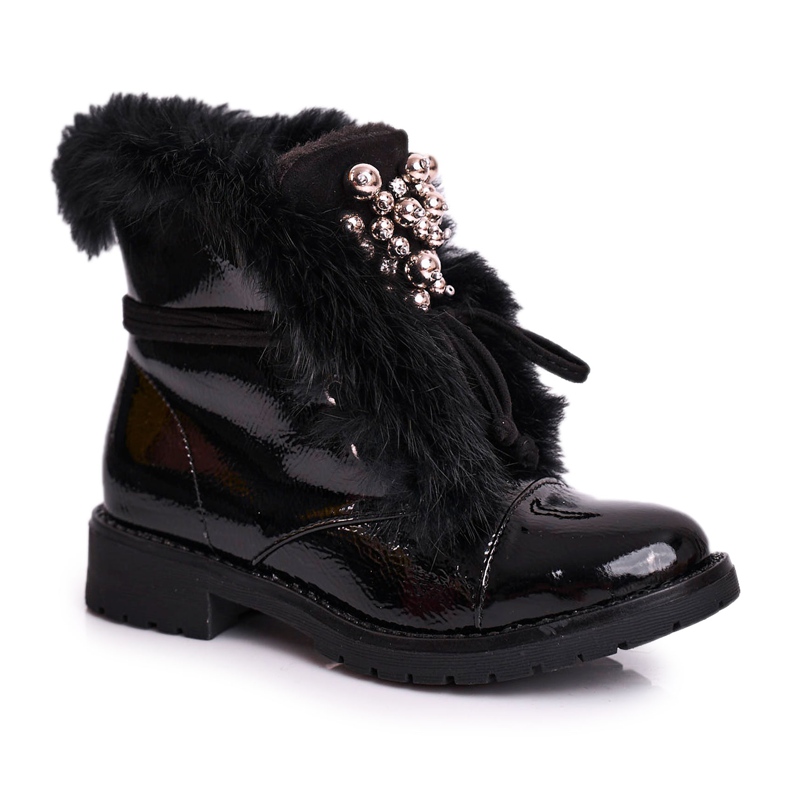 MSMG Dziecięce Botki Ocieplane Lakierowane Czarne Ella