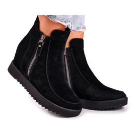 Damskie Botki Na Koturnie Zamszowe Czarne Silvia